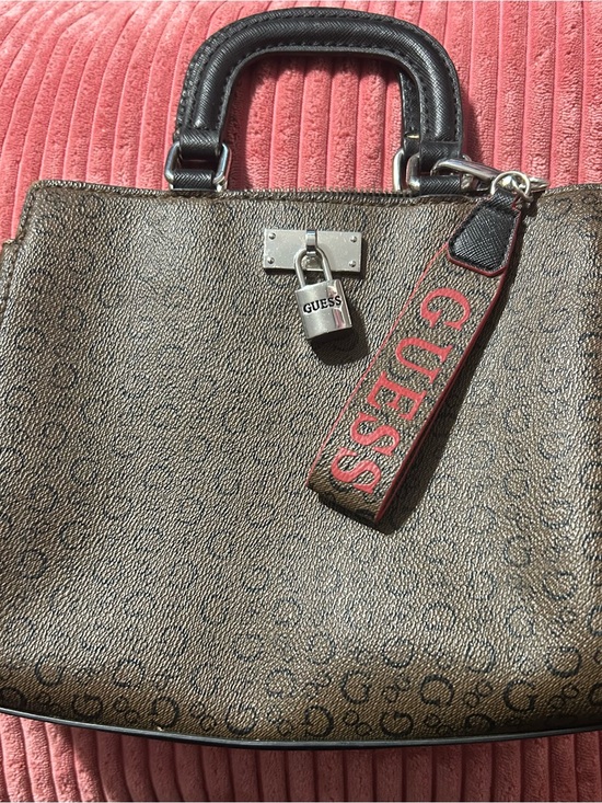 Guess Handbags - Guess Brown and Black Logo Crossbody Bag with Red Accent